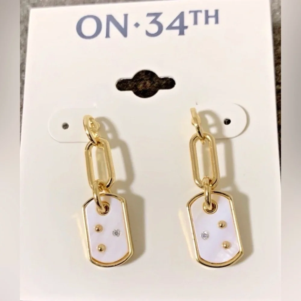 NWT On 34th Gold-Tone Link & Pavé Constellation Stone Dog Tag Drop Earrings